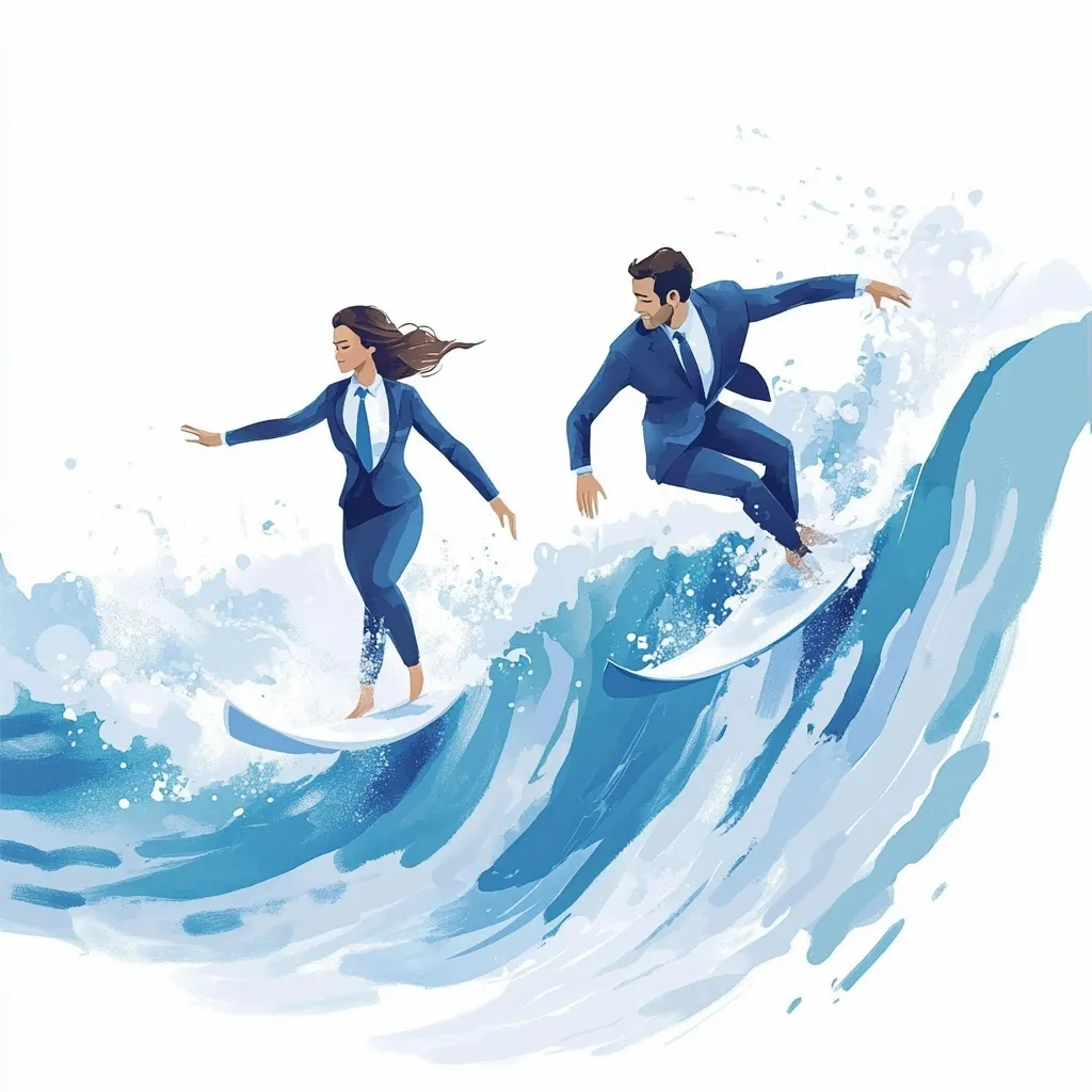 Illustration of surfers riding a wave
